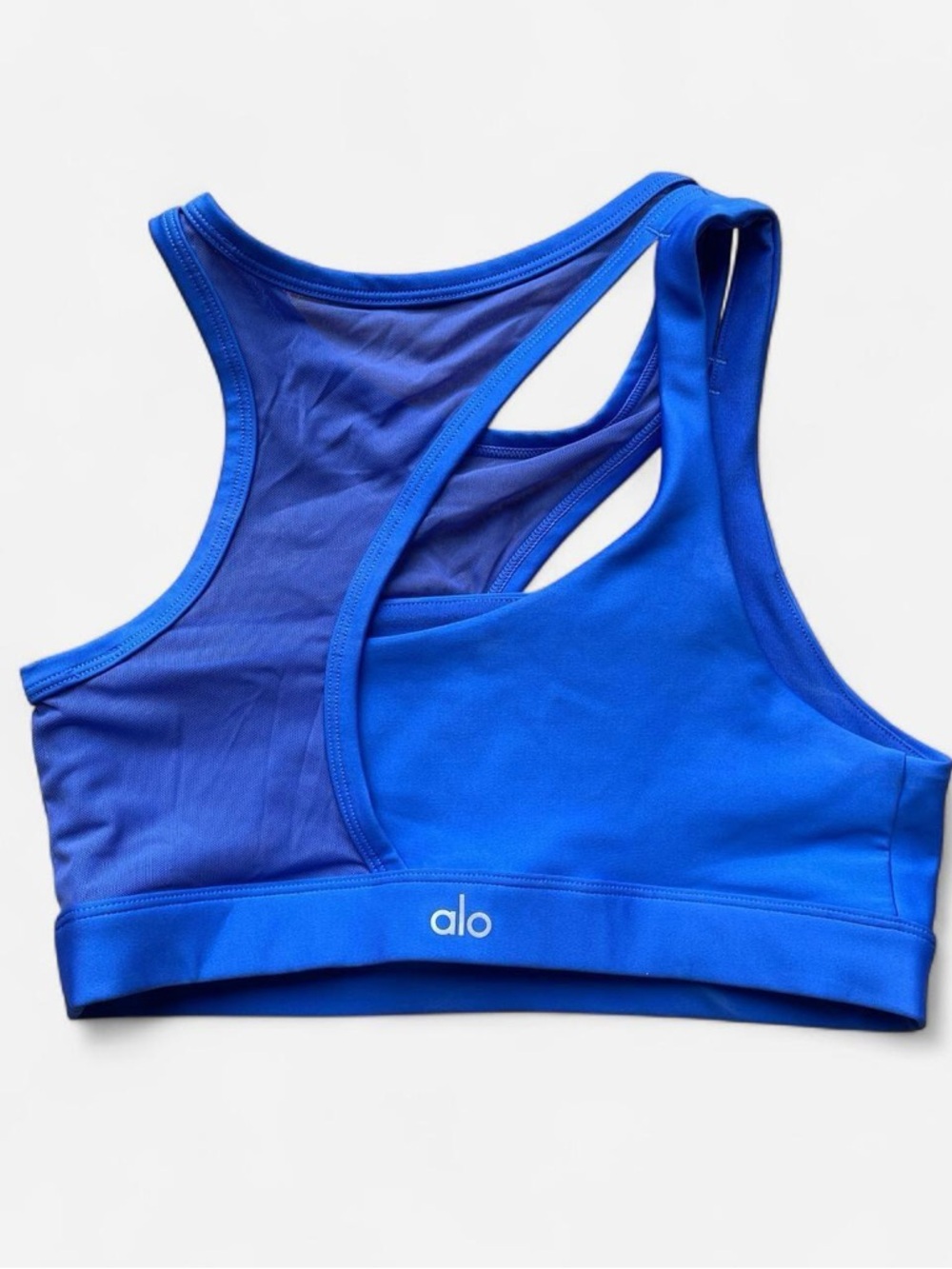 Alo blue asymmetrical mesh cutout sports bra top